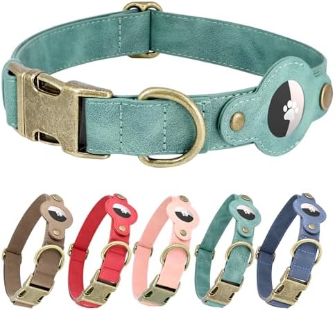 Airtag Dog Collar, PU Leather Collar w Airtag Holder for Large Dogs(Green)