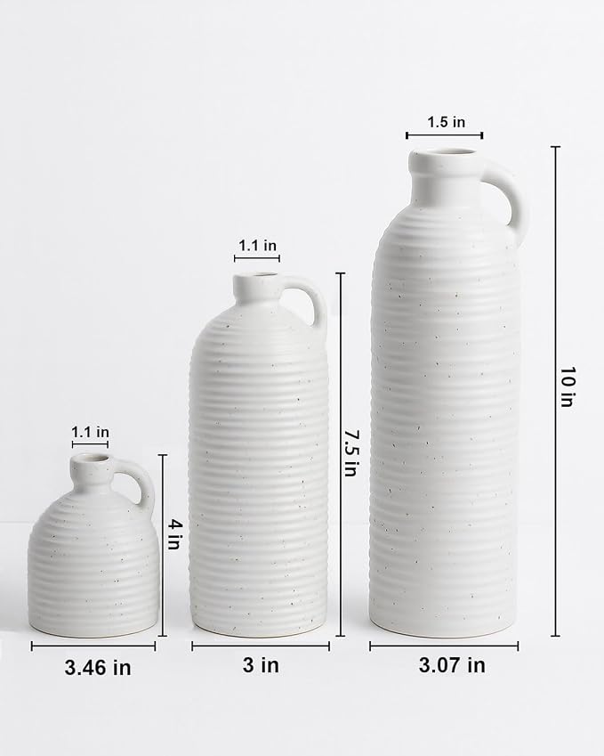 White Polka Dot Vase Set of 3, Ribbed Jugs with Handles for Home Decor | Ceramic finish for rustic farmhouse tables, shelves, mantels and flower displays