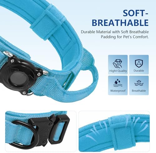 Tactical Dog Collar, Adjustable Military Training Nylon Dog Collar with Control Handle and Heavy Metal Buckle for Medium and Large Dogs, with Smart ID tag and Airtags Case (Blue,M)