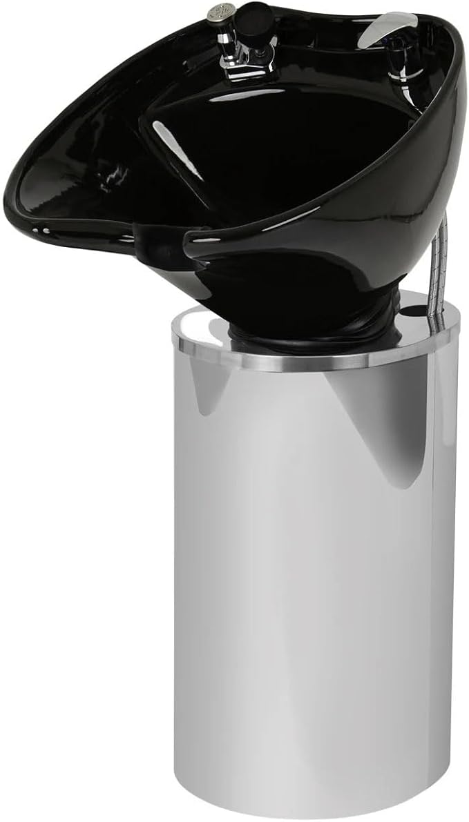 Buy-Rite Paris Pedestal Shampoo Unit – Professional Salon Shampoo Station with Tilting Porcelain Bowl, Silver Base with Black Bowl – Includes Faucet, Spray Hose, Drain & Vacuum Breaker