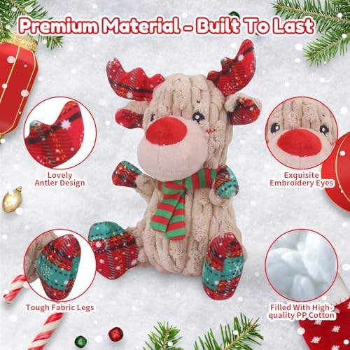 loncoldy Christmas Dog Toys, Funny Squeaky Reindeer Toy with Crinkle Paper Attract Pets, Interactive Plush Chew Toys, Adorable Christmas Elk Dog Gifts for Small Medium Large Dogs