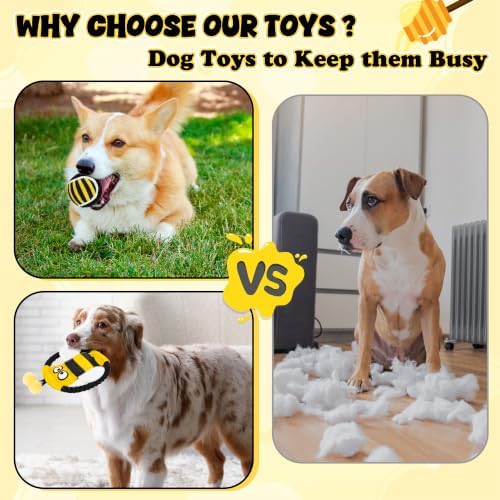 4 Pack Dog Squeaky Toys, Bee Interactive Toys Set, Natural Rope Tug Toy, Crinkle Flying Disc, Tennis Ball ，Puzzle Feeder, Safe Durable Dog Toys for Small Medium Dogs Indoor Outdoor Play