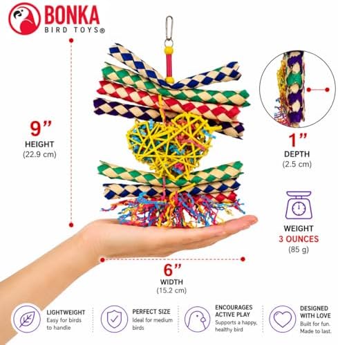 Bonka Bird Toys 1730 Foraging Valentine Heart Bird Toy for Medium Birds Shredding and Chewing Cage Toy Colorful Palm Leaf and Paper Foraging Toy 9" x 6"