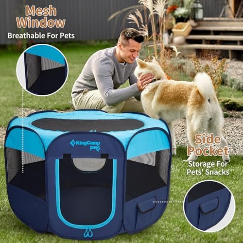 KingCamp Dog Playpen, Portable Foldable Cat Kitten Puppy Tent Crates 29"/36"/50" Pop Up Pet Playpen with Zippered Bottom & Cover for Indoor Outdoor Use (Small, Blue)