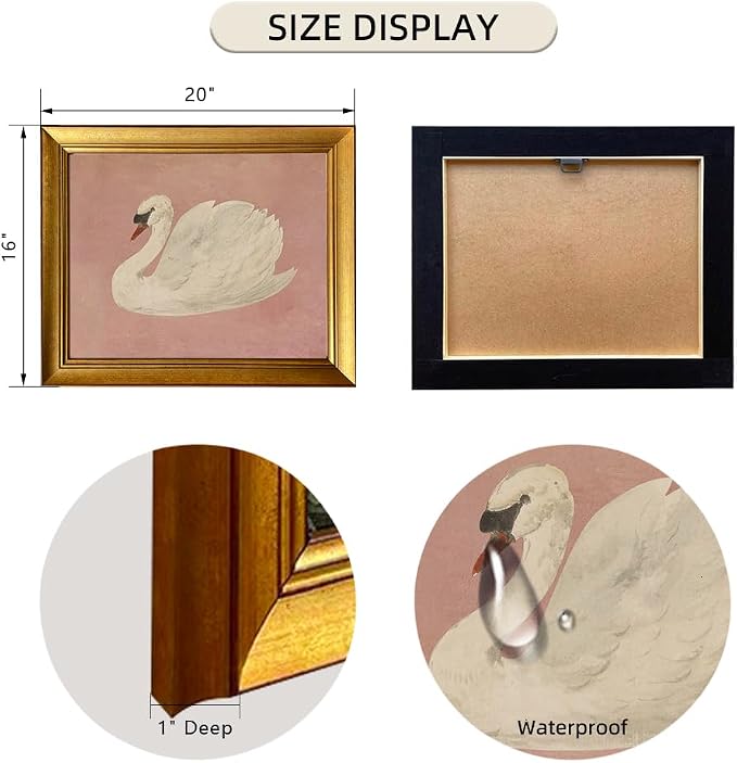 Vintage Gold Framed Wall Decor White Swan Canvas Print Farmhouse Pink Wall Art Cute Swan Painting Artworks for Girly Bathroom Decor Living Room Bedroom