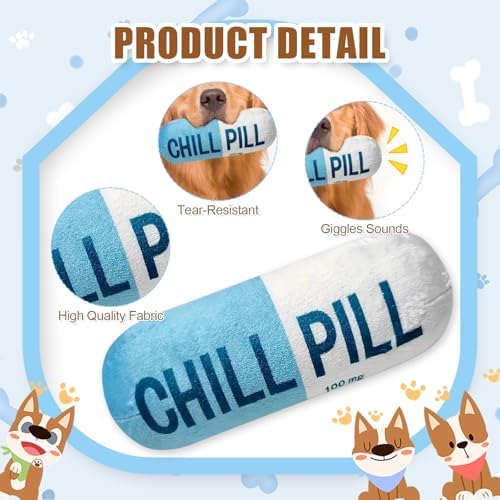 Wanheart Funny Chill Pill Dog Toy, Squeaky Plush Capsule for Teething Puppies & Cats, Interactive Chew Gift with Bite-Resistant Design, Pet Lover Present, Training Supply & Photo Prop(Blue)