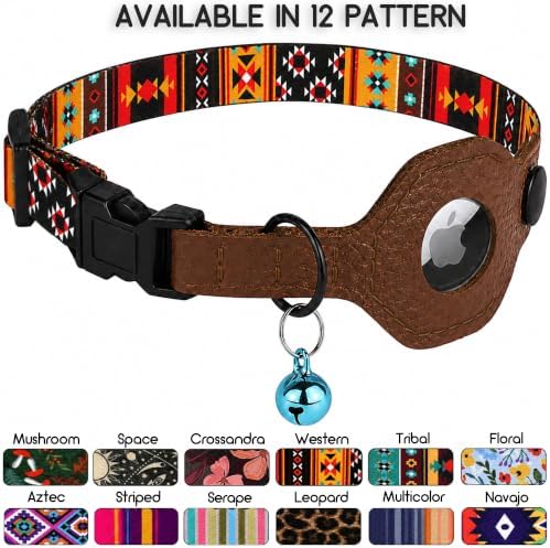 Breakaway Cat Collar with Leather AirTag Holder & Bell - Apple Air Tag Cat Collars for Girls & Boys, Lightweight Anti-Lost GPS Tracker Design, Printed Pattern - Safety and Adjustable (Western)