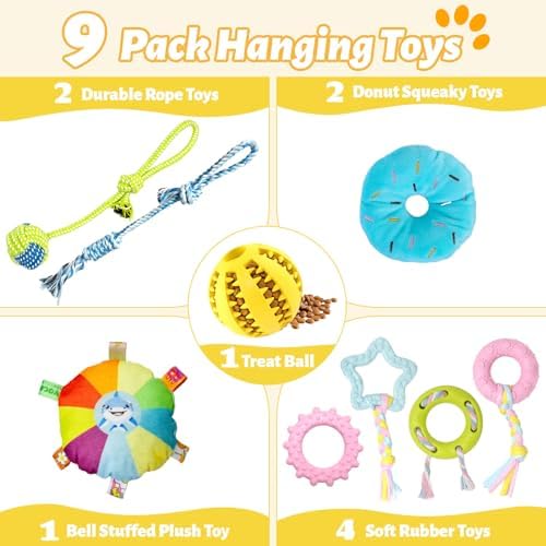 Puppy Play Gym with 9 Hanging Toys for Small Dogs, PVC Frame with Bungee Straps, Interactive Indoor Jungle Playground for Entertainment, Teething and Mental Stimulation（Yellow）