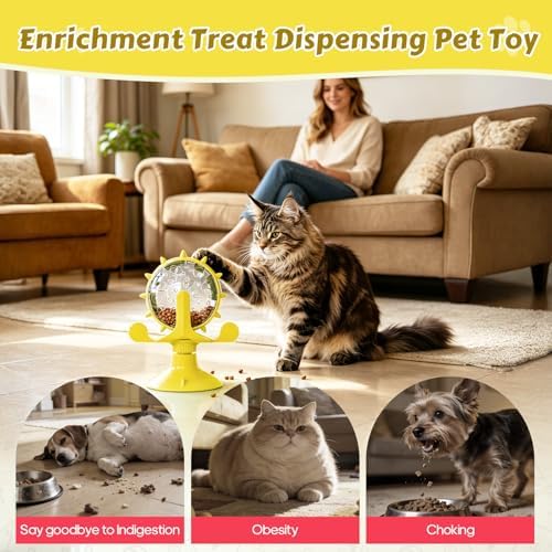 Cat Food Treat Dispenser Toy Interactive with 360°Rotating Windmill Suction Cup for Indoor Cats, Kittens & Small Dogs Slow Feeder Snack Exercise & Distribution Wheel Toy