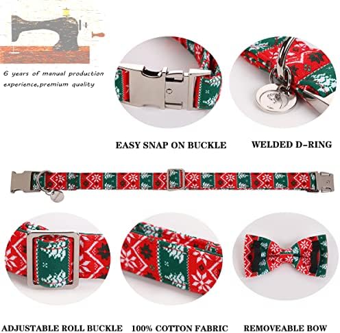 DOGWONG Christmas Dog Collar with Bow tie, Red Green Strip Snowflake Dog Collar Soft Durable Adjustable Cotton Puppy Collar for Small Medium Large Dog