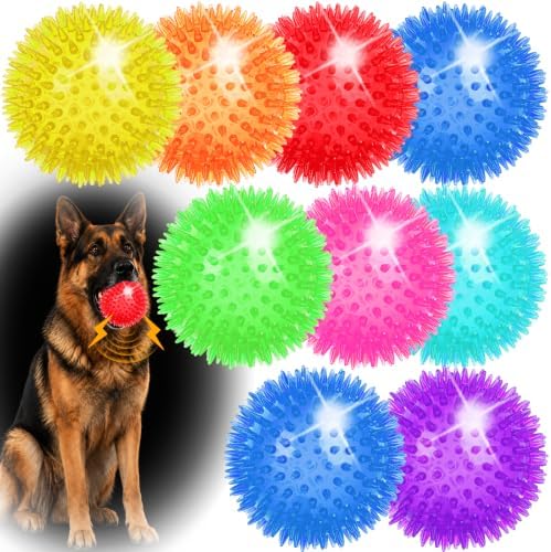 9 Pcs 4.5 in Light Up Squeaky Dog Balls 8 Colors LED Spiky Dog Toy Ball Glow in The Dark Interactive Fetch Ball TPR Bouncy Floating Toy for Aggressive Chewers Medium Large Dogs Indoor Outdoor