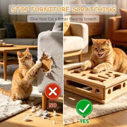 Large Cat Scratcher Puzzle Enrichment Box, Wood Nail File Puzzle Toy Box