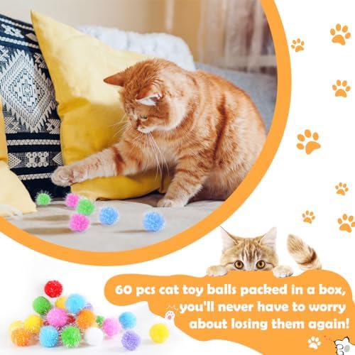 DF DUALFERV 60 Pcs Cat Pom Pom Balls, Interactive Cat Toys, Sparkle Balls for Cats, Extra Large and Fuzzy for Exercise and Entertainment, Multicolor, 1.5 Inch