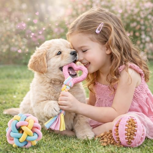 Puppy Chew Toys, 6 Pack Puppy Teething Toys for Small Breed, Soft Rubber Cute Pink Dog Toys, Eco-Friendly, Teeth Cleaning Interactive for Small Dogs (Basket not Included)