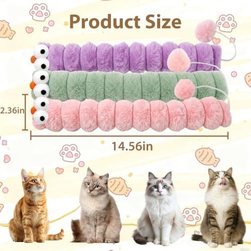 3 Pack Long Cat Kicker Toys with Catnip, 14.5 Inch Plush Caterpillar Cat Toys for Indoor Cats, Interactive Kicker Toys with Rabbit Fur Tail for Biting and Play