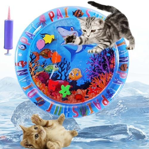 Pet Water Sensory Mat, Floating Fish Interactive TPU Thickened Water Bed Cooling Pad, Anti-Scratch Water Filled Play Matfor Cats Dogs Kittens Puppies Pets in Summer (Circle B)
