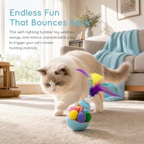 JINTONE Interactive Cat Toy, Self-Righting Tumbler with Feathers & Catnip-Ready Plush Ball, No Battery Needed, Relieve Boredom, Stop Night Zoomies, Easy to Clean for Indoor Kittens & Adult Cats