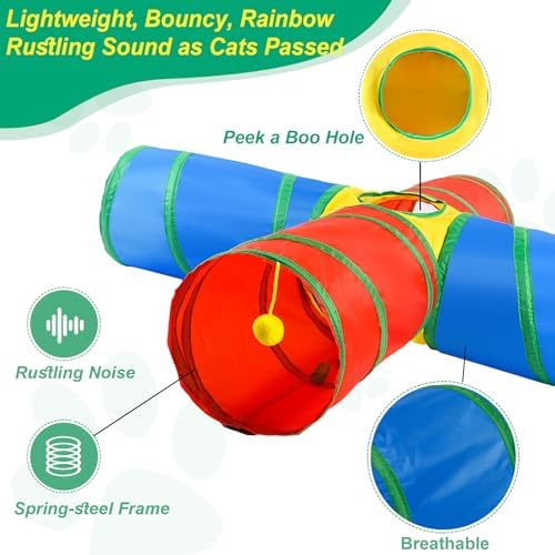 Cat Tunnel 4 Way Collapsible, Interactive Cat Toys for Indoor Cats, 12 PCS Cat Springs Toy Kitten Toys Pack, Large Rainbow Bunny Tunnel Tube with Peephole, Pet Tunnels for Cats Kitty Rabbits