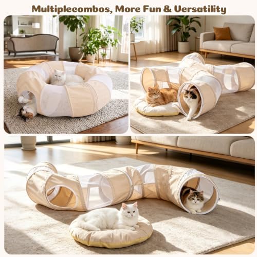 Ownpets 2 in 1 Collapsible Cat Tunnel for Indoor Cats with Cushion Bed
