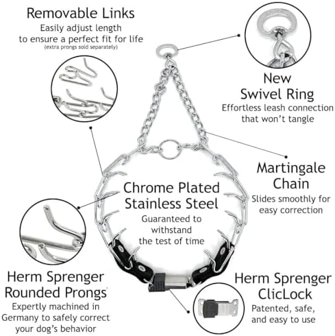 Herm Sprenger 2.25mm Prong Collar for Dog Training with Adjustable Length & Easy Quick Release Cliclock & Swivel Ring for Small/Medium Dogs (13-19" Neck)