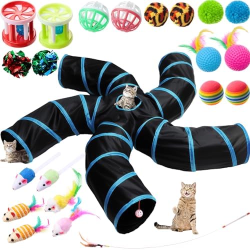 Poen 21 Pcs Cat Tunnel for Indoor Set Collapsible 5 Way Tubes with 20 Pcs Cat Kitten Toys Interactive Feather Toy Mouse Crinkle Balls Tube for Puppy Kitten Rabbit(Blue Black)