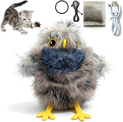 Tipmant Realistic Electric Birds Cat Teaser Interactive Toy Kitten Kitty Exercise, Touch Activated, Rechargeable, Chirp, Flap Wings with Catnip (Grey Cuckoo)