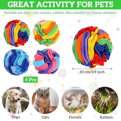 4 Packs Snuffle Ball for Dogs, Sniffle Interactive Treat Ball, Stress Relief, Slow Feeder, Puzzle Toy for Small Medium Dogs Cats, Soft Polar Fleece, Rainbow, Orange, Pink Blue & Ocean Blue, 3.9 Inches