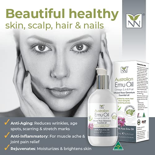Y Not Natural Pure Emu Oil - Organic Moisture for Face, Body, Hair, Scalp & Nails - Rich in Omega 3-6-9, Vitamins & Essential Minerals - Australian Emu Oil (200ml) 6.76 fl oz - Rose Geranium