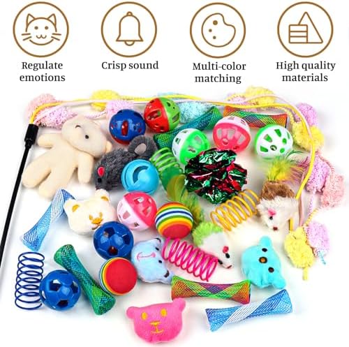 QUOZUO 30 Pcs Cat Toy Kitten Toys Set, Interactive Cat Toy Wand Cat Springs Ball Toy with Bells, Cat Toys for Bored Indoor Cats, Gift Box Styles