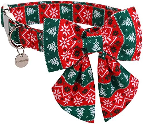 DOGWONG Christmas Dog Collar with Sailor Bow tie, Red Green Strip Snowflake Dog Collar Soft Durable Adjustable Cotton Puppy Collar for Small Medium Large Dog