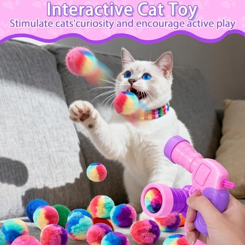 Mity rain 51PCS Cat Ball Launchers & Pom Pom Balls Interactive Cat Toy Set