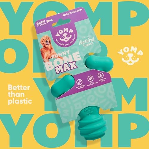 Yomp FunnyBone MAX: All-Natural Rubber Dog Toy, Nontoxic, Safe for Pet Play, Teal Colored, Dishwasher Safe, Freezer Safe for Teething Relief, Fun Dog Bone Toy