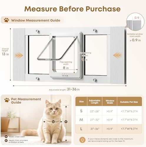 Cat Door for Window, Adjustable 31"-36", 4 Locking Modes + Extra Security Lock for Outside Safety, Window Pet Door with Magnetic Self-Closing, No-Drill Installation, Weatherproof Aluminum Frame Insert