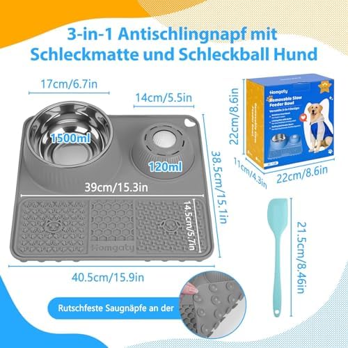 3-in-1 Dog Lick Bowl with Rolling Ball & Slow Feeder Mat & Basic Dog Food Bowl 50oz Stainless Steel, Anti-Slip Pet Licking Toy for Liquid Treats, Bone Broth Yogurt Anxiety Relief for Dog Cat