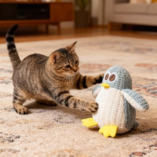 Cat Chew Toy, Soft Penguin Plush with Yellow Feet, Durable Teething Toy for Kittens and Adult Cats, Boredom Relief