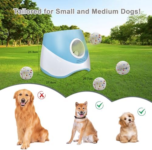 MEKAPLE Automatic Dog Ball Launcher for Samll to Medium Dogs, Upgraded Interactive Toy Balls Thrower, Distance Adjustable Mental Stimulating Dog Toys with 4 Etpu Balls 2.2 Inch (Blue)