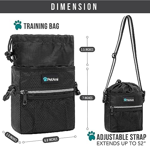 PetAmi Dog Treat Pouch, Pet Treat Pouch for Training, Dog Walking Bag Holder for Kibbles, Pet Food Toy, Dog Trainer Essentials Supplies, Poop Bag Dispenser, 3 Ways to Wear (Black)