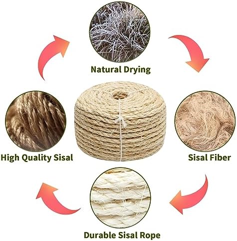 Natural Sisal Rope 1/4 Inch by 49-Feet for Cat Scratching Post Tree Tower Replacement Repair and Replace, DIY Hemp Twine Rope for Kittens Shelves Furniture Window Bed Perch Climbing, 6mm by 15m