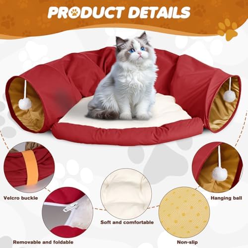 Spardar 2-in-1 Bunny Tunnel Bed, with Removable Mat Hideout, Red