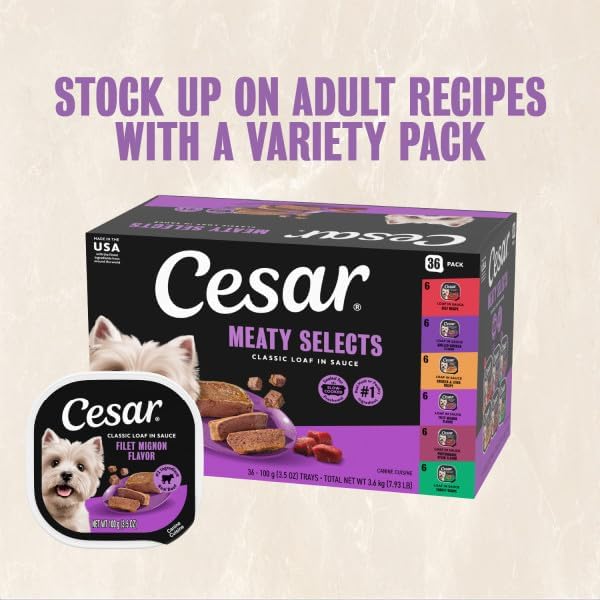 Cesar Classic Loaf in Sauce Wet Dog Food, Meaty Selects, 3.5 oz, 36 Count | Made in USA, Real meat #1 ingredient, no fillers or artificial flavors, formulated without grains, easy peel trays