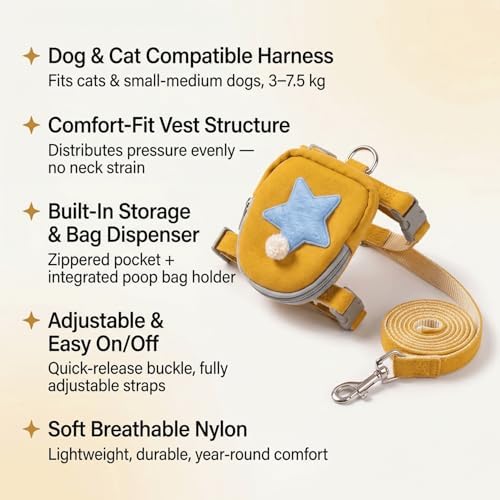 Pet Backpack Harness with Leash for Dogs and Cats, Adjustable Vest with Storage Pocket, Poop Bag Dispenser, Soft Breathable Nylon for Small Medium Pets Walking Hiking Travel (Yellow)