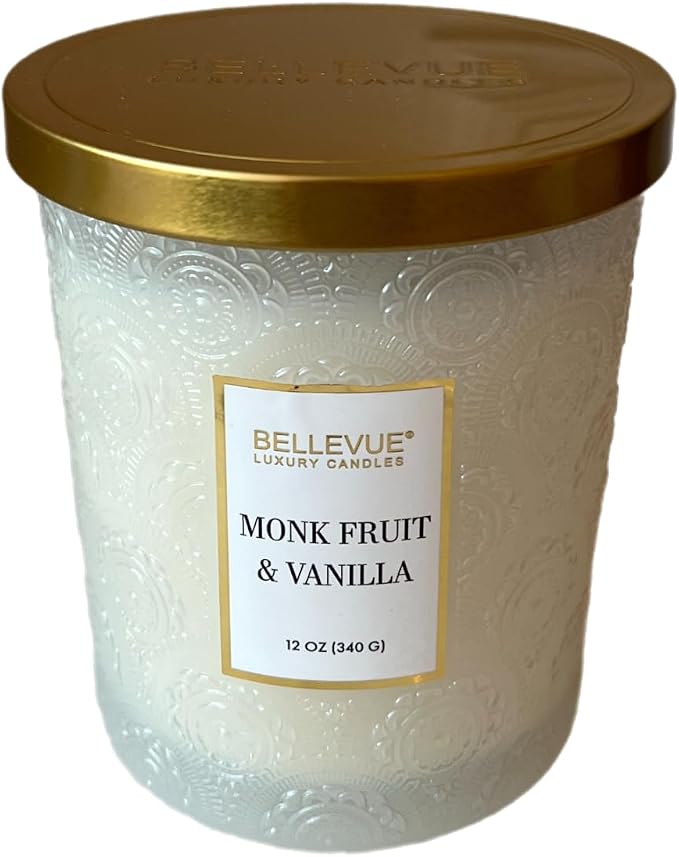 Bellevue Luxury Candles, 12 OZ Soy Blend Candle, Embossed Glass, Fragrances formulated with Essential Oils, Home Fragrances, Scented Candles Gift Set ǀ Scent: Monk Fruit & Vanilla
