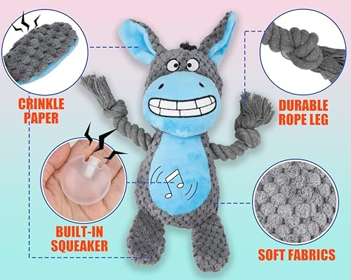 Squeaky Dog Toy Chew Plush Stuffed with Cotton Rope Crinkle Paper Soft Interactive Durable for Small Medium Large Dogs Puppy Pet White Cow