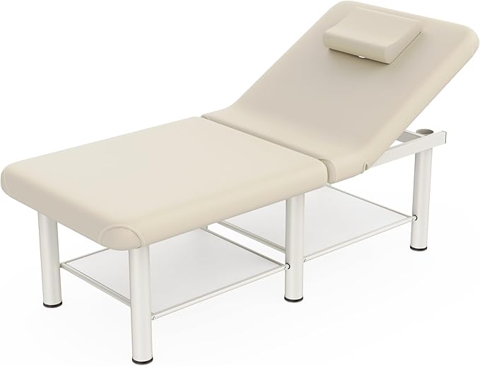 Folding Stationary Massage Table with Backrest and Storage Space for Treatment Table Physical Therapy Table Spa Facial Bed, 6 Round Legs Metal Frame PU Leather, 30.5'' Wide × 75'' Long - Beige Gray
