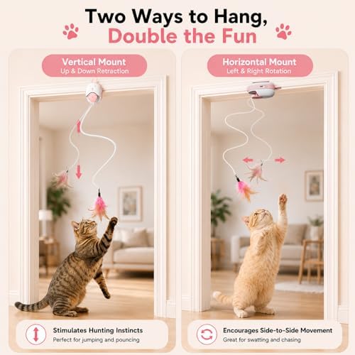 Interactive Cat Toys for Indoor Cats,Automatic Hanging Door Cat Teaser Feather Toy with 6 Accessories,2 Modes,Auto Pause & USB Rechargeable Electric Cat Chase Toy,Safe for Bored Adult Kitten-Pink2