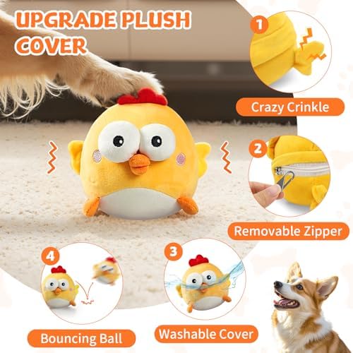 Interactive Dog Toy Ball, Upgrade Automatic 1.5H Jumping Ball with Motion Activation for Small Large Dogs, 2 in 1 Rechargeable Move Plush Toy Pets Keep Busy, No Music (Yellow Chicken)
