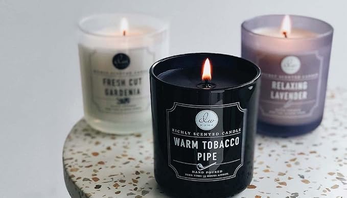 DW Home Warm Tobacco Pipe Scented Candles, 9 oz Single Wick Medium Jar, Up to 33 Hour Burn Time, Strong Long Lasting Woodsy Fragrance, Gifts for Men & Women