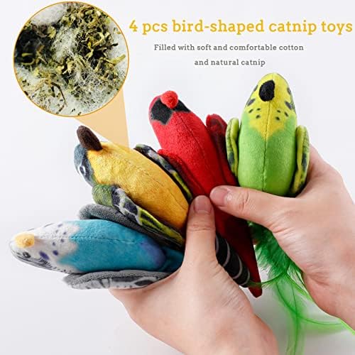 Cat Catnip Toys Interactive Cats 4pcs Kitten Plush Nip Chew Bird Toy with Crinkle Paper Pet Best Treats Stuffed Pillow Cute Teething Play Gifts Soft Kick Sound Supplies for Indoor Kitty
