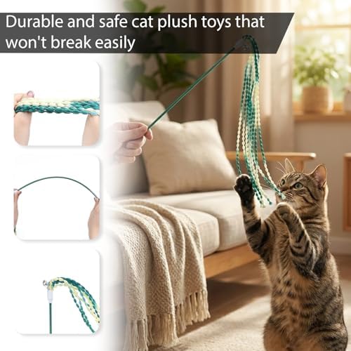 4 PCS Cat Stick Toy, String Cat Toy Multicolor Cats Interactive Wands Toys with Bells for Indoor Outdoor Cats Kitten Playing Have Fun Exercise