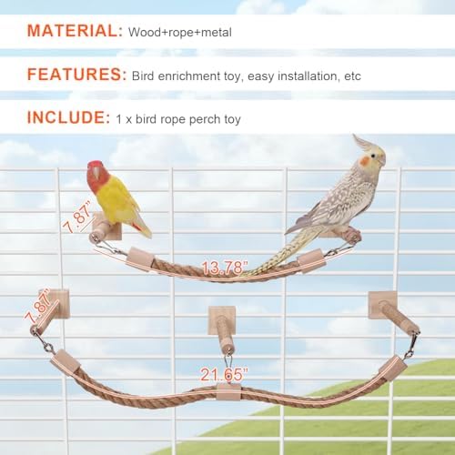 La La Pet Bird Rope Perches for Cage Natural Wood Standing Perch Hanging Bridge and Swing Interactive Birds Toys for Conures Budgies Parakeets Cockatiels Lovebirds 3-Set